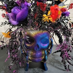 Colorful Skull Vase with Floral Arrangement